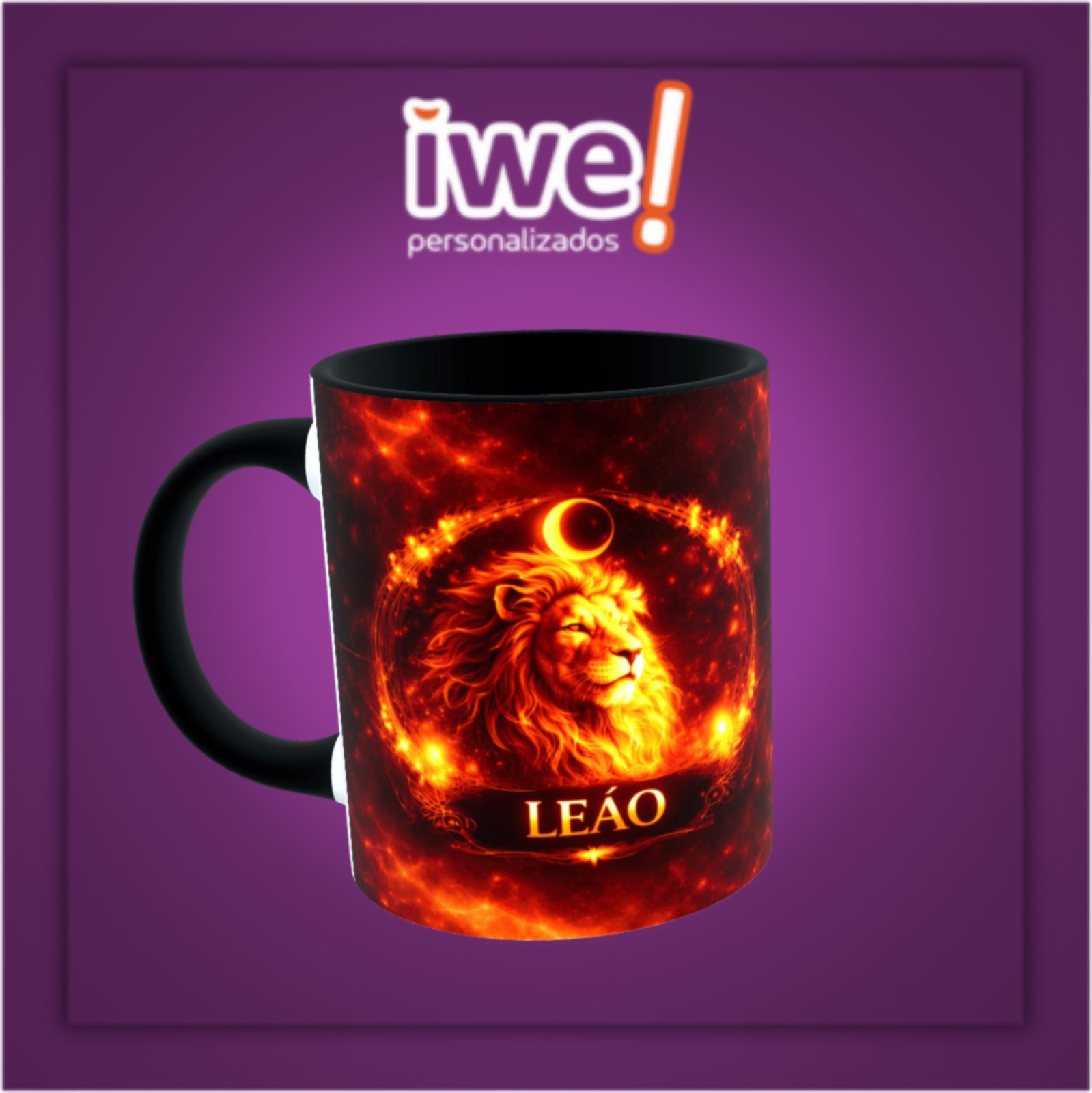 Caneca Branca C/Interior E Alça Preta ( Signo Leão )